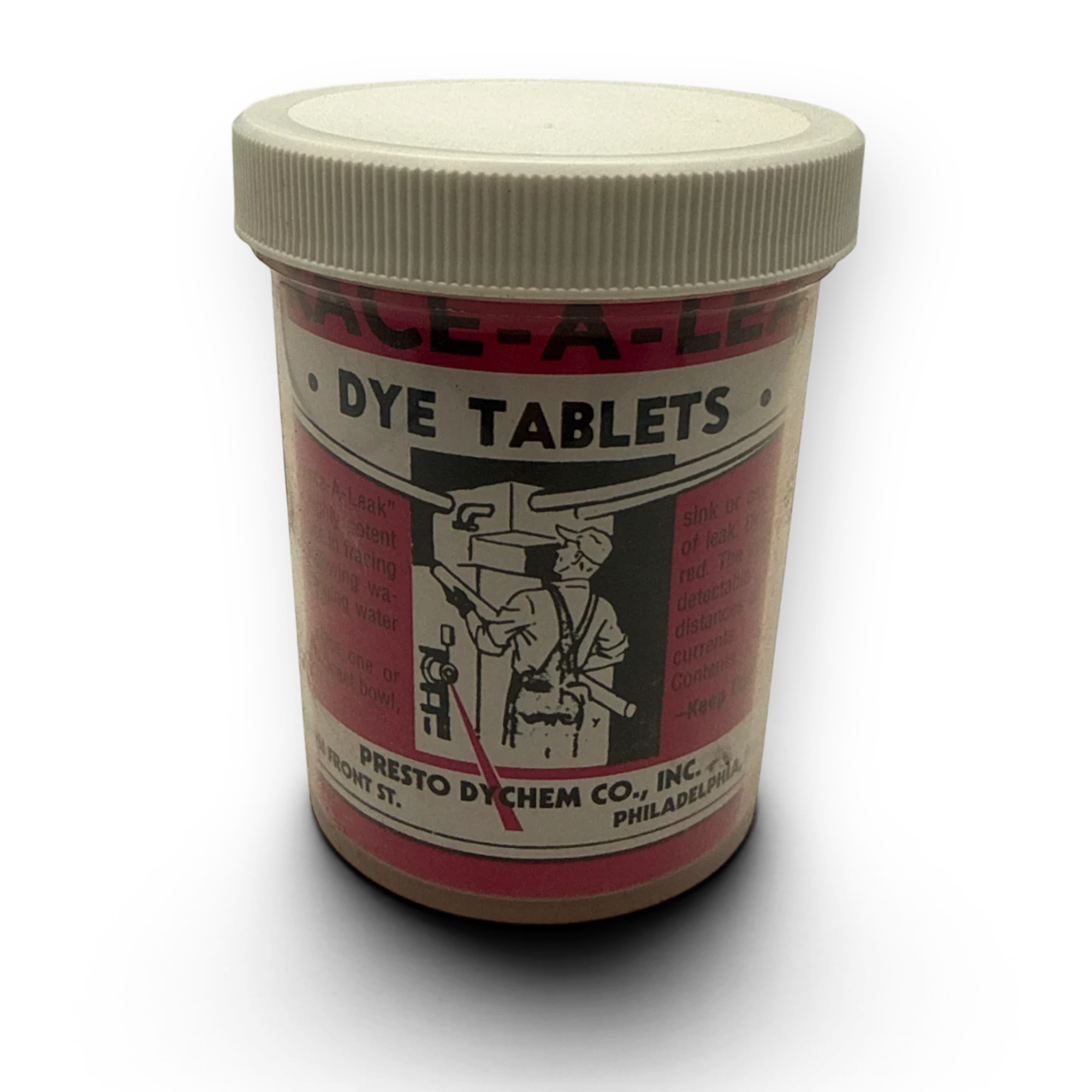 Sewershop Trace-A-Leak dye tablets in a white plastic container for sewer leak detection and flow tracing.