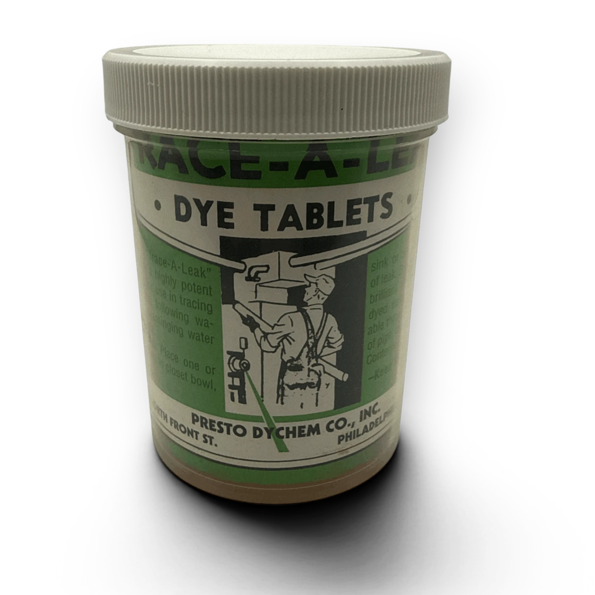 Sewershop Trace-A-Leak dye tablets container for professional sewer system leak detection and flow tracing.