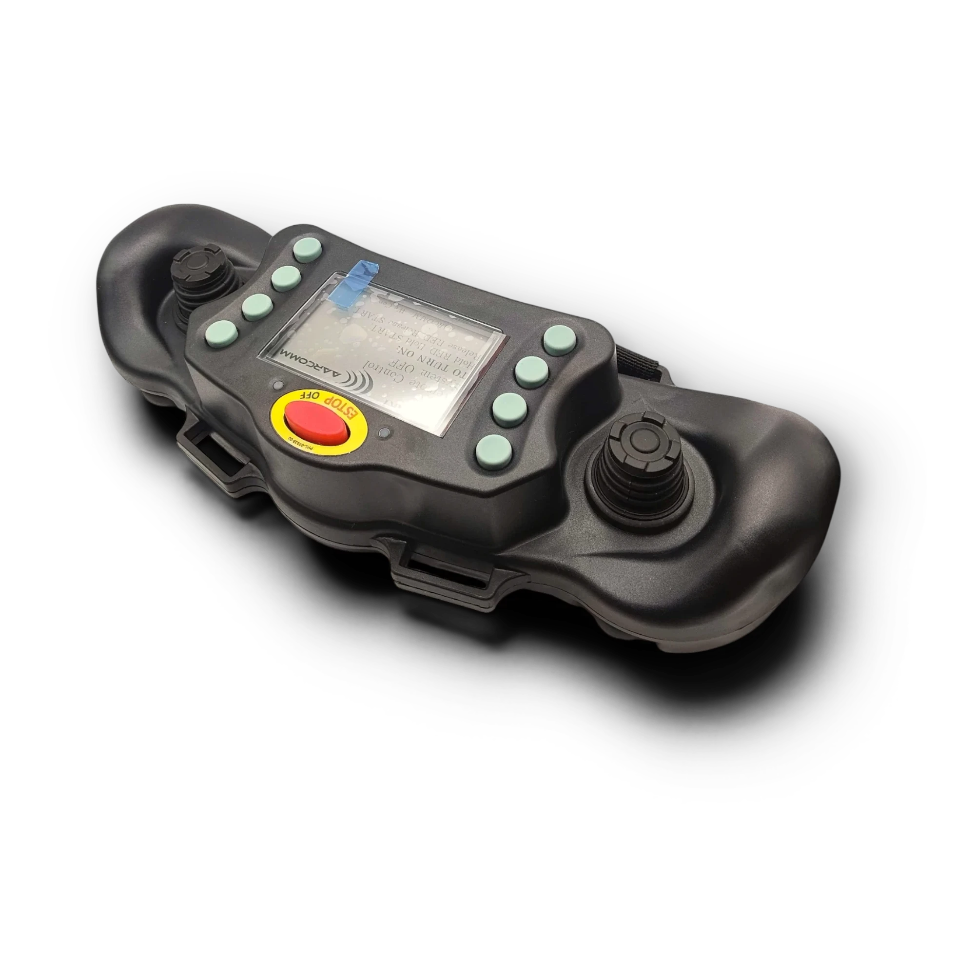 Sewershop Trident Wireless Remote Belly Pack Lite transmitter with dual joysticks, LCD screen, and red emergency stop.