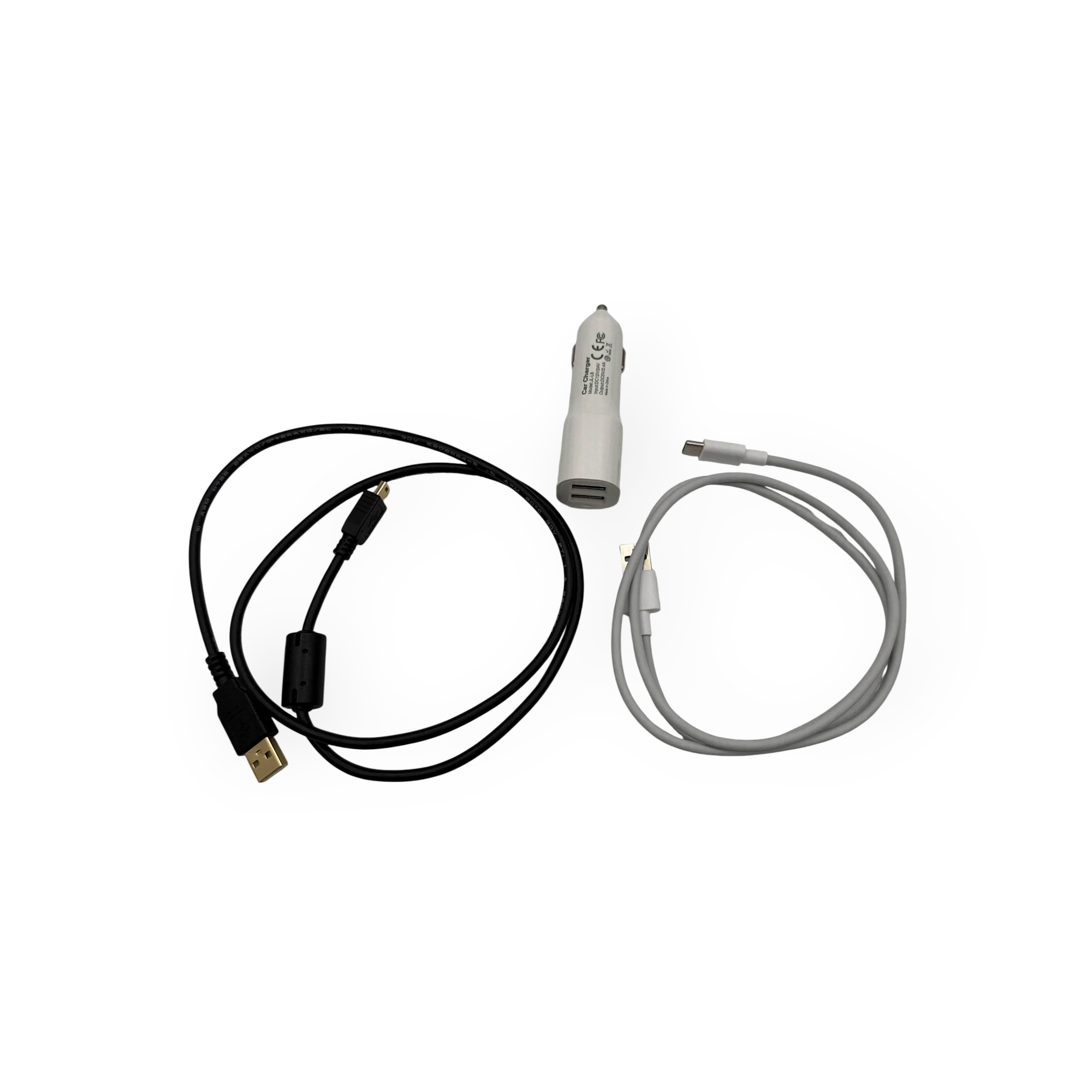Sewershop Trident wireless remote system charging kit with car charger, black USB cable, and white charging cable.