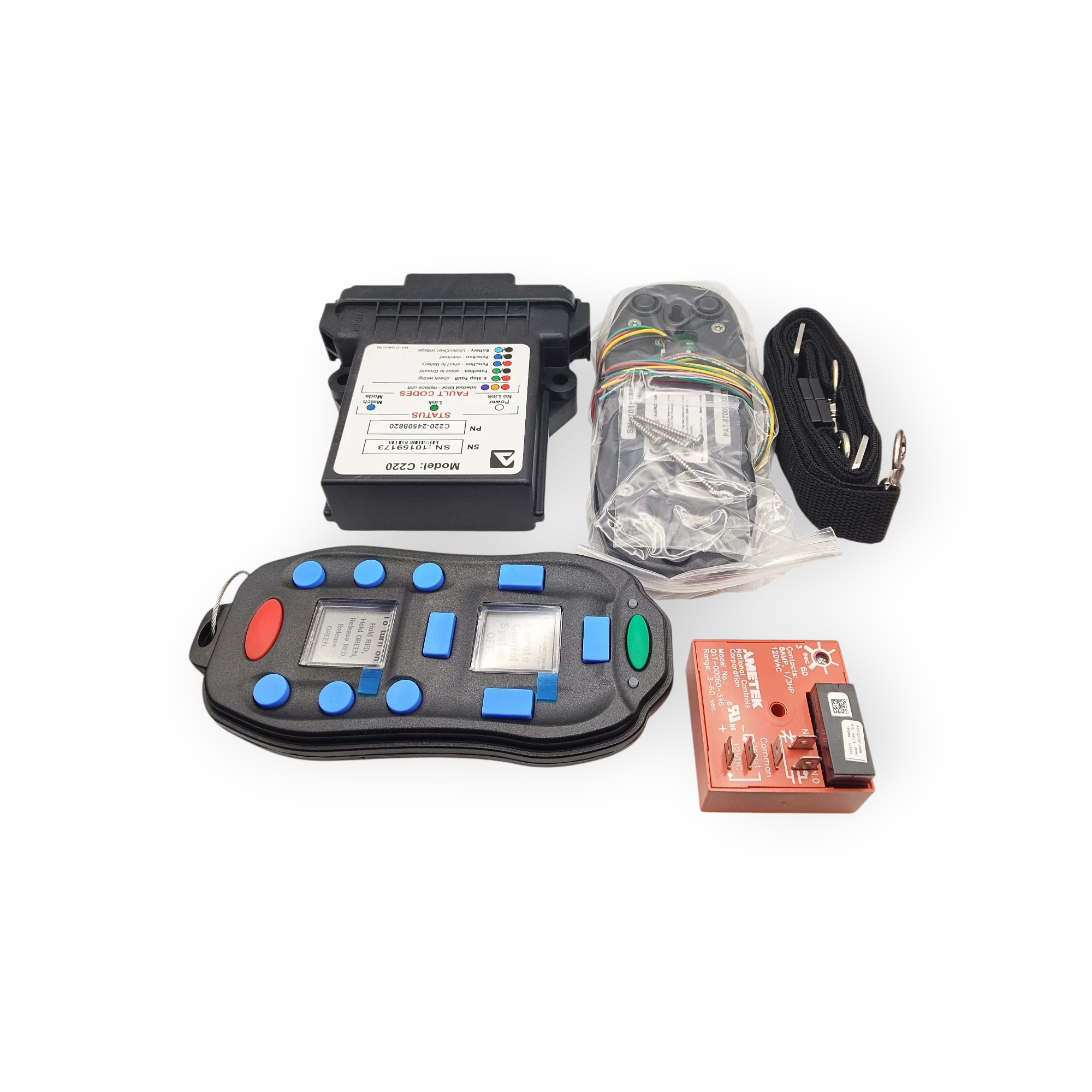 Sewershop Trident wireless remote control system for sewer equipment with handheld transmitter, receiver, and harness.
