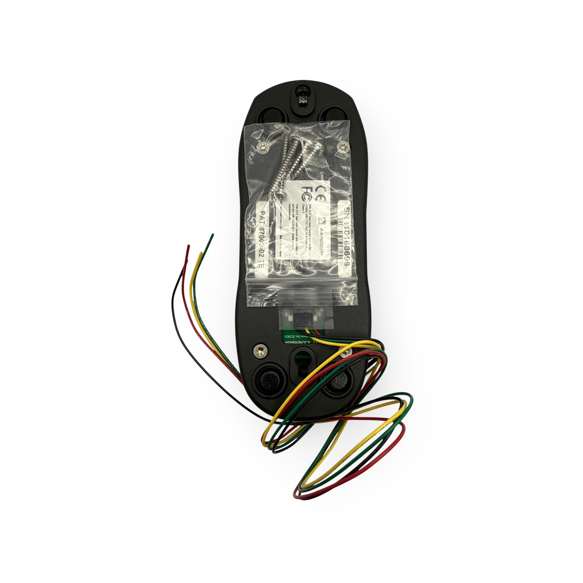 Sewershop Trident wireless remote system transmitter back view with wiring harness and mounting hardware