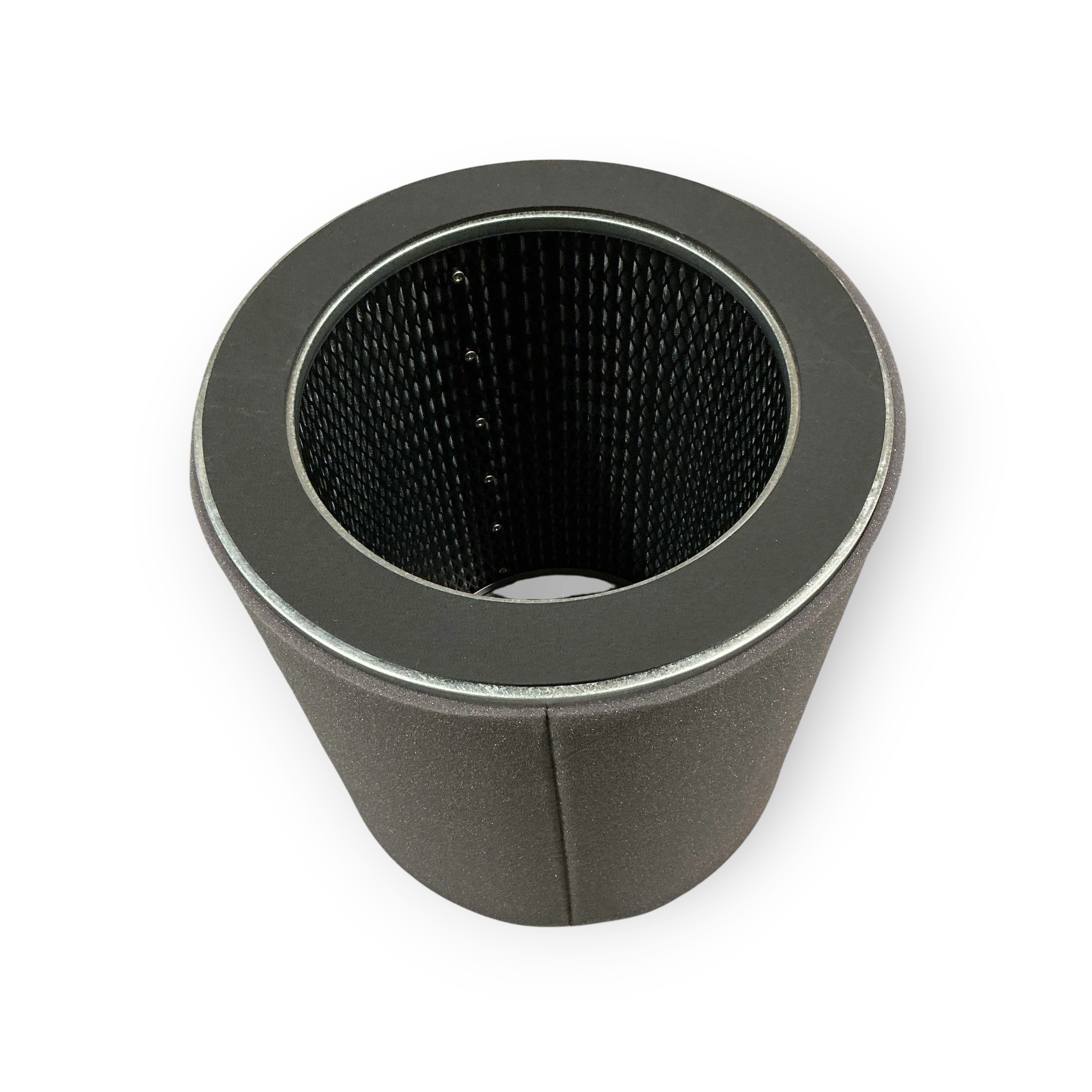 Sewershop cylindrical final filter assembly for Vactor vacuum excavation equipment with a black foam exterior