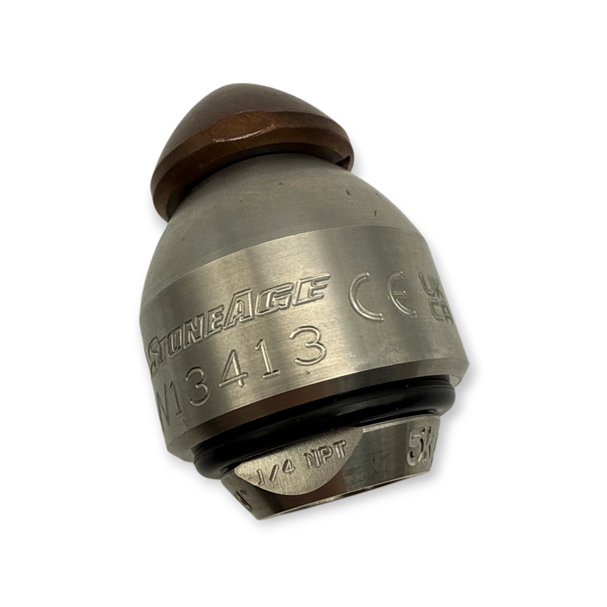 Sewershop Warthog WV Classic 1/4 inch stainless steel pipe cleaning nozzle with a brown rounded head.