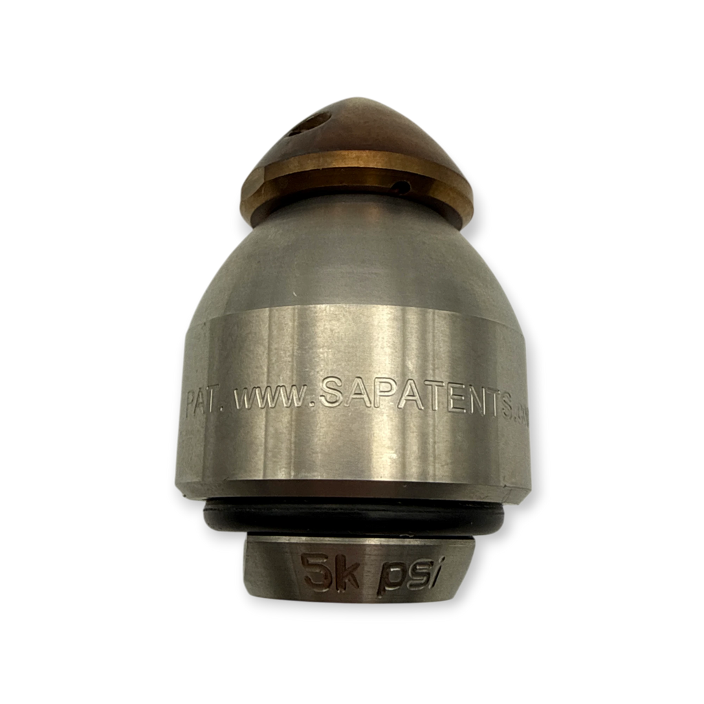 Sewershop Warthog WV Classic 1/4 inch pipe cleaning nozzle with a metallic finish and 5k psi rating.