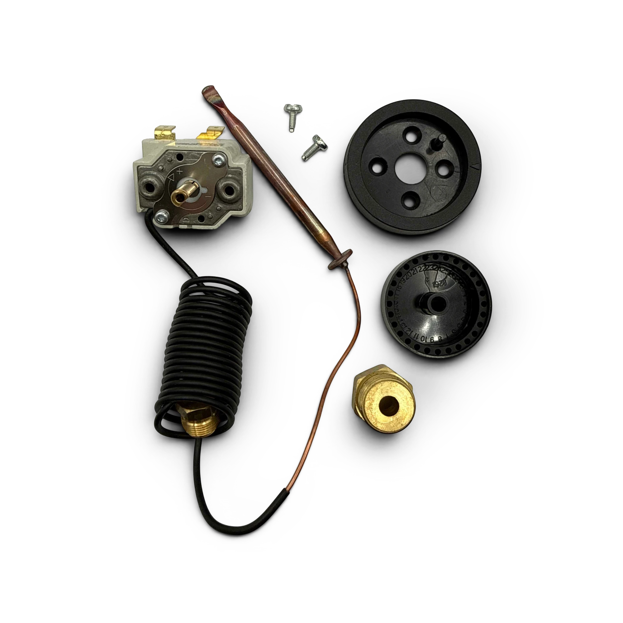 Sewershop water heater control parts including a thermocouple, brass fitting, and black plastic components.