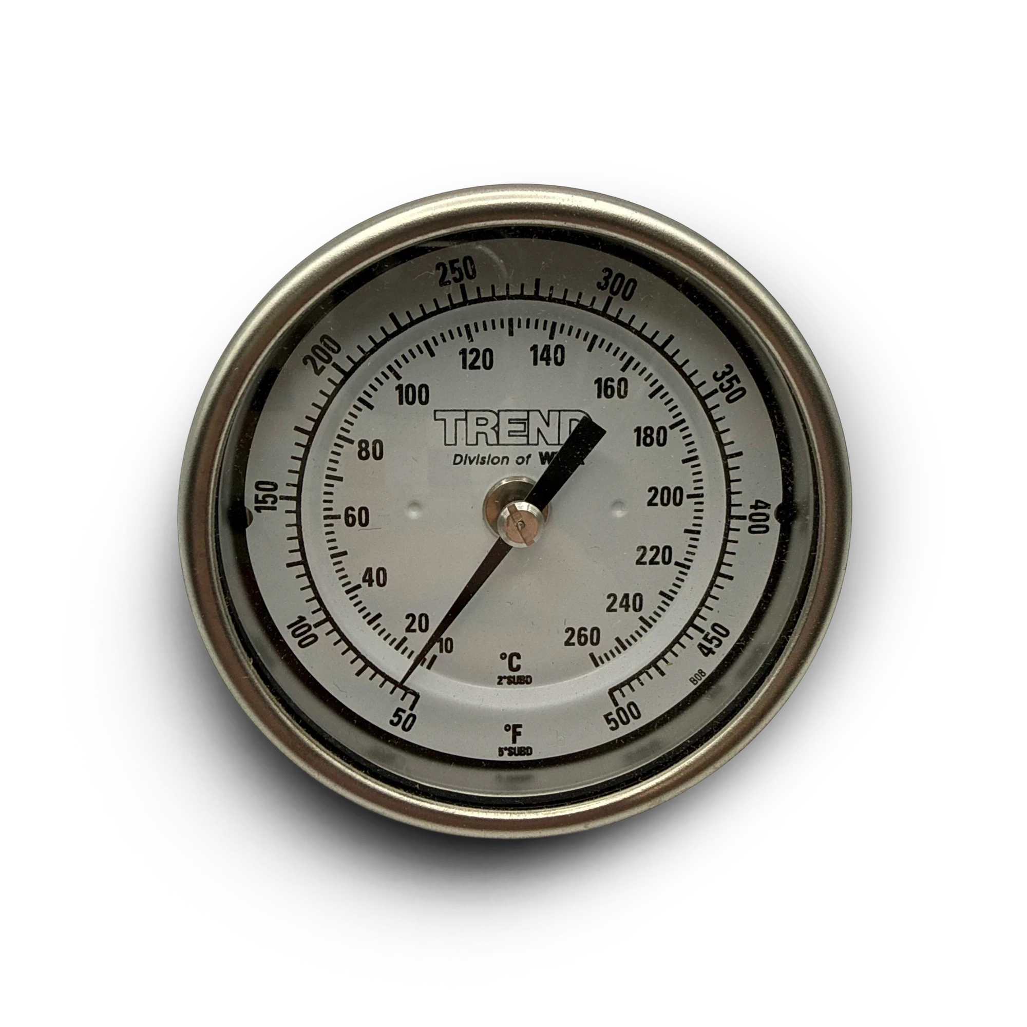 Sewershop water heater temperature gauge with dual Celsius and Fahrenheit scales in a round stainless steel housing.