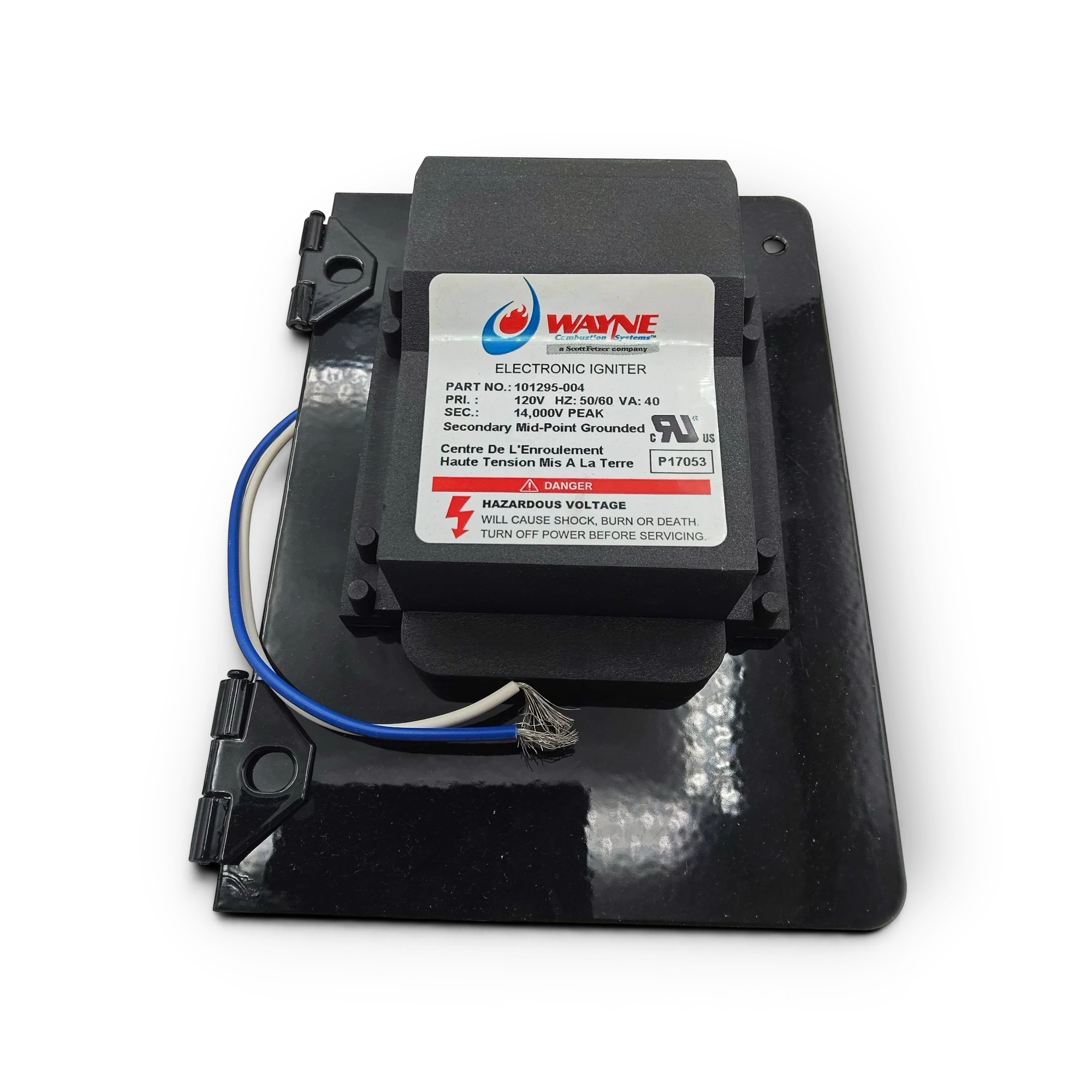 Sewershop Wayne electronic igniter for water heaters with 120V input and 14000V peak output on a black mounting plate